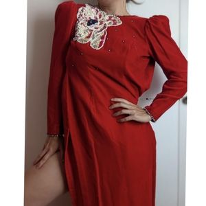 Vintage 40s Beaded Velvet Puff Sleeve Gown Dress